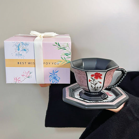 Vintage Floral Coffee Cup and Saucer Set Gift Box Light Luxury Mid-Century Style Ceramic Cup Home Souvenir Gift