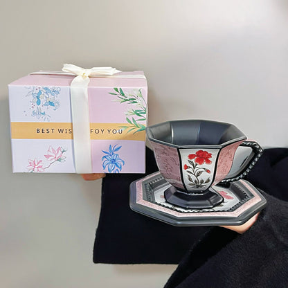 Vintage Floral Coffee Cup and Saucer Set Gift Box Light Luxury Mid-Century Style Ceramic Cup Home Souvenir Gift