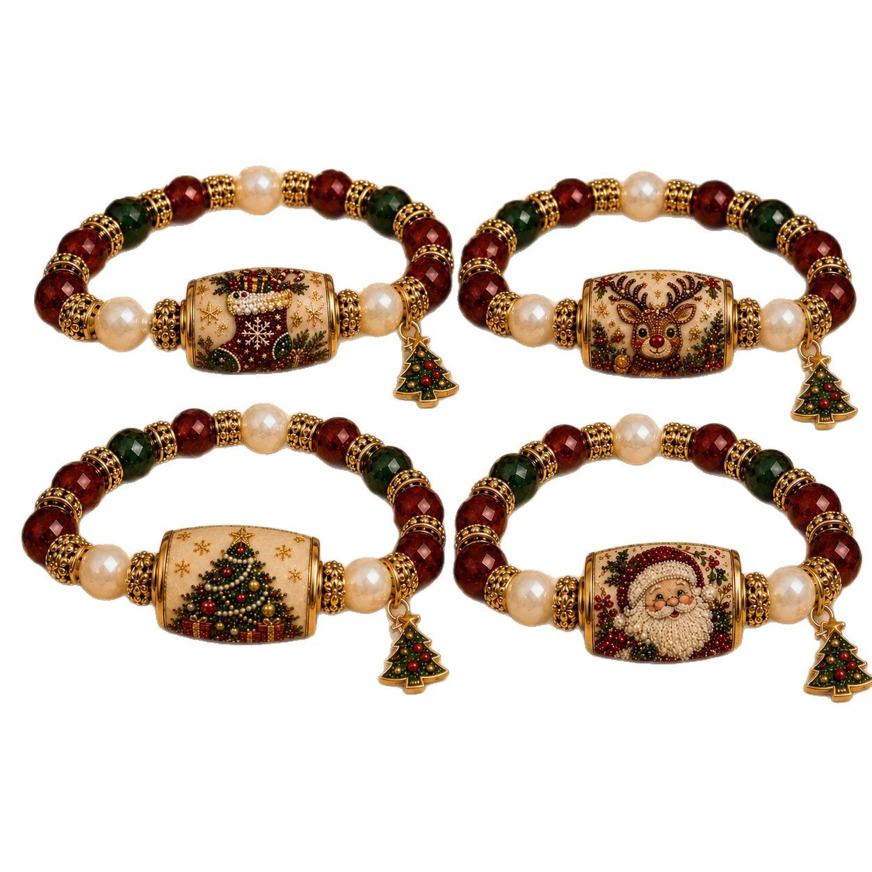 Santa claus bracelet crystal pearl santa claus round tube pine tree pendant bracelet christmas pine tree bracelet