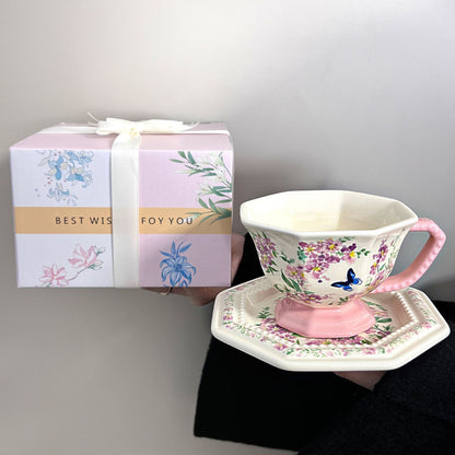 Vintage Floral Coffee Cup and Saucer Set Gift Box Light Luxury Mid-Century Style Ceramic Cup Home Souvenir Gift