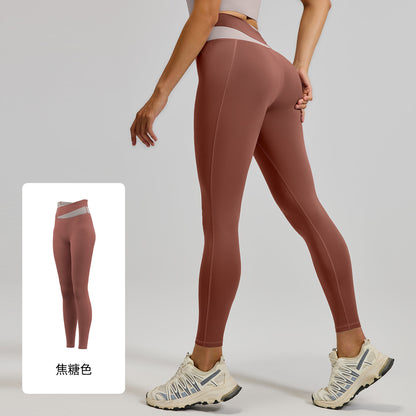 聚衣堂裸感拼接瑜伽裤高腰提臀健身弹力健身长裤跑步运动裤