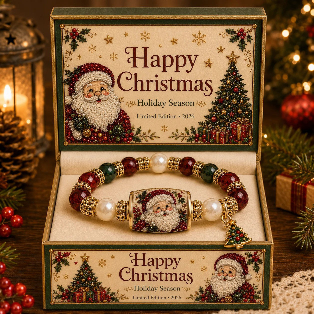 Santa claus bracelet crystal pearl santa claus round tube pine tree pendant bracelet christmas pine tree bracelet