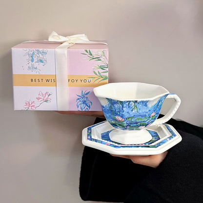 Vintage Floral Coffee Cup and Saucer Set Gift Box Light Luxury Mid-Century Style Ceramic Cup Home Souvenir Gift