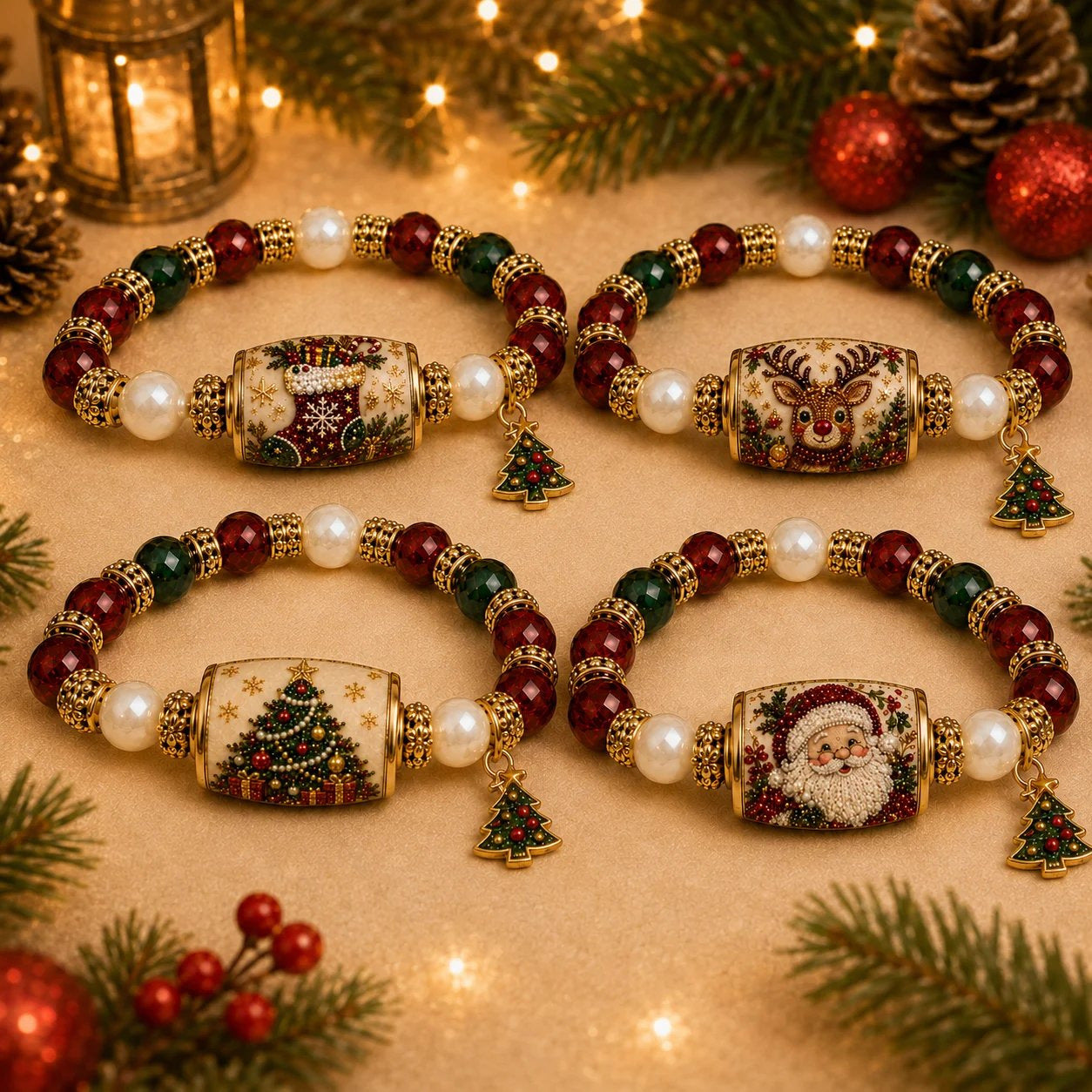 Santa claus bracelet crystal pearl santa claus round tube pine tree pendant bracelet christmas pine tree bracelet
