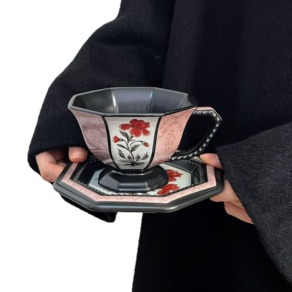Vintage Floral Coffee Cup and Saucer Set Gift Box Light Luxury Mid-Century Style Ceramic Cup Home Souvenir Gift