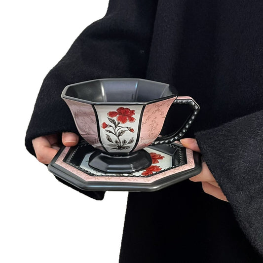 Vintage Floral Coffee Cup and Saucer Set Gift Box Light Luxury Mid-Century Style Ceramic Cup Home Souvenir Gift